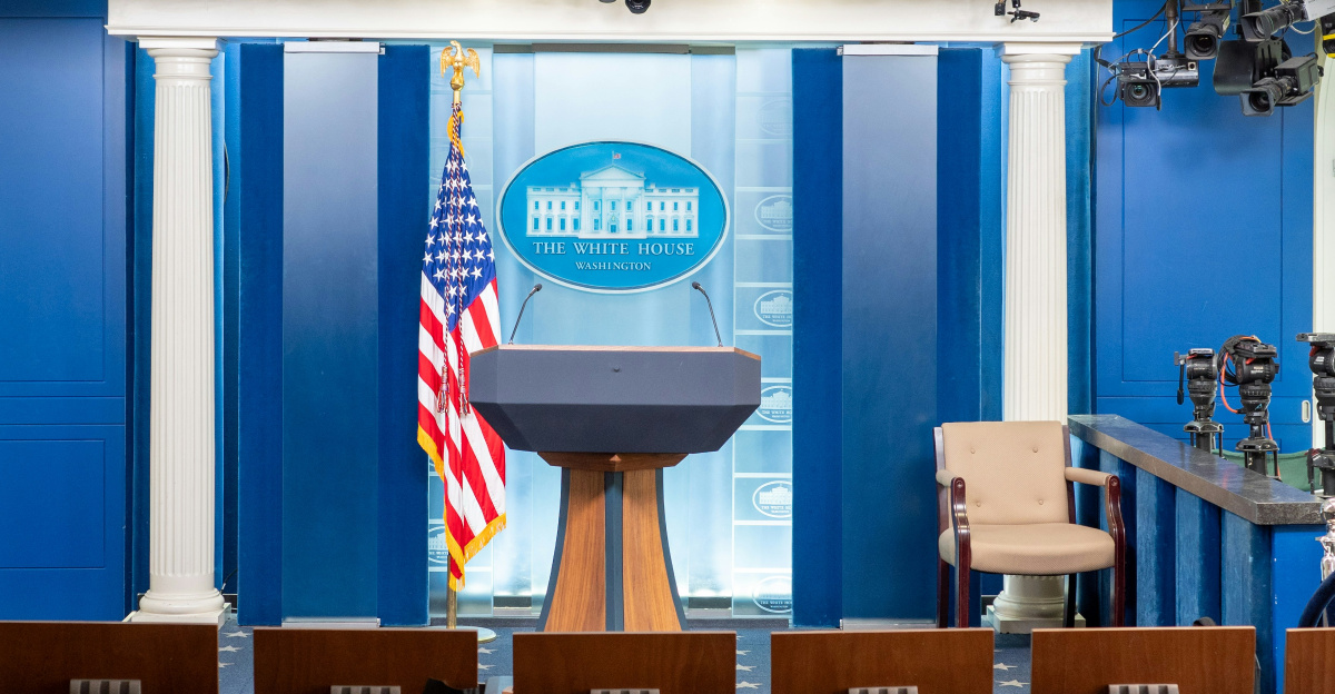 The white house press briefing room is empty.