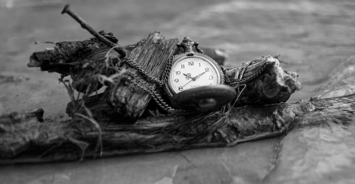 A pocket watch rests on a piece of wood