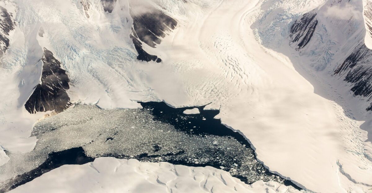 Glaciers and icebergs in a snowy landscape