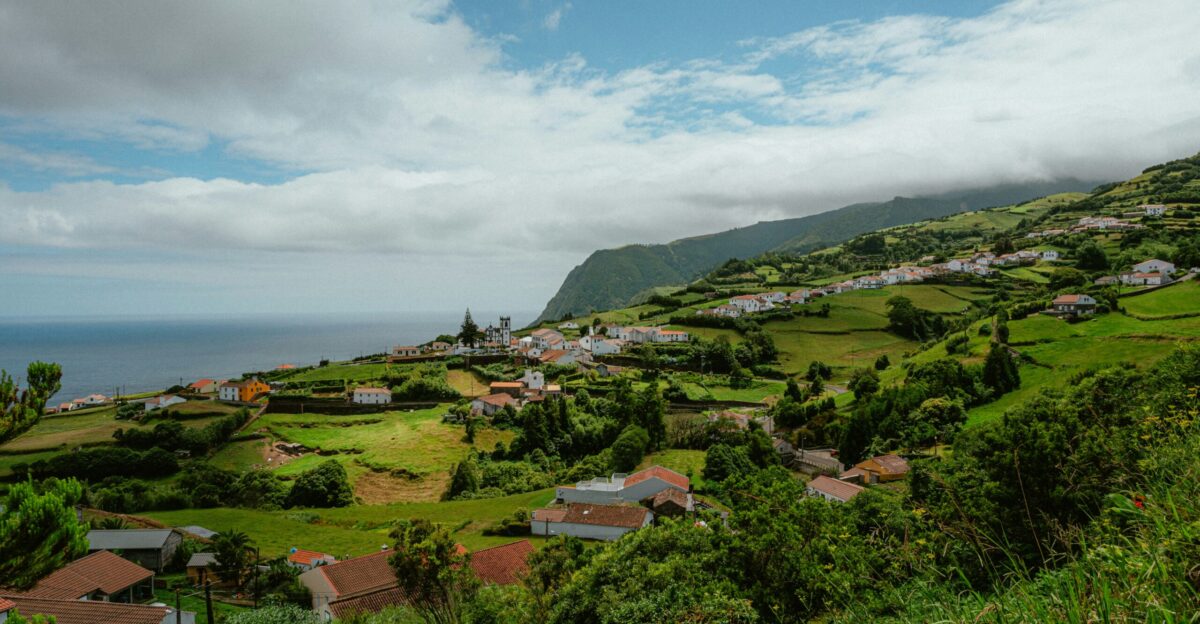 A lush green village nestled by the sea