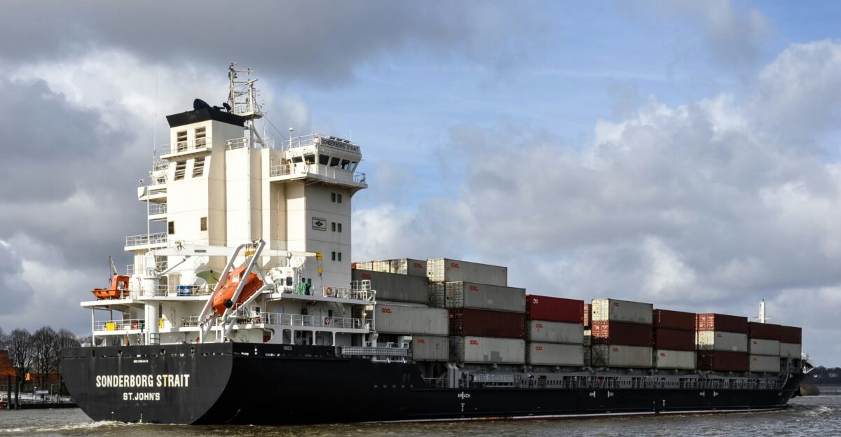 A container ship sails across the water