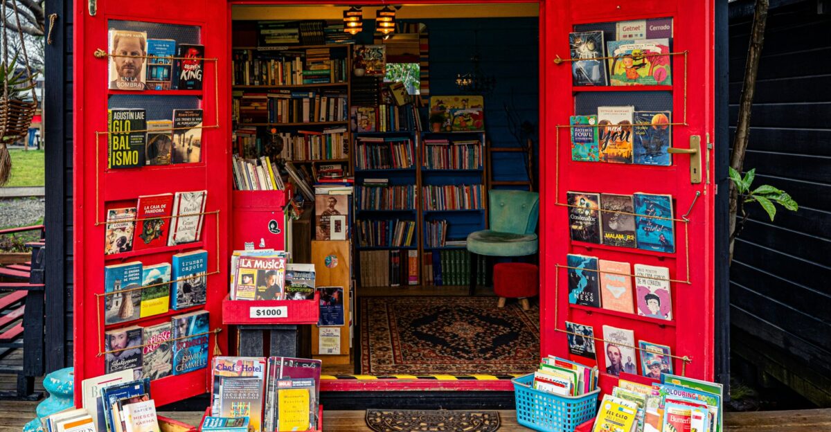 Cozy bookstore entrance filled with colorful books