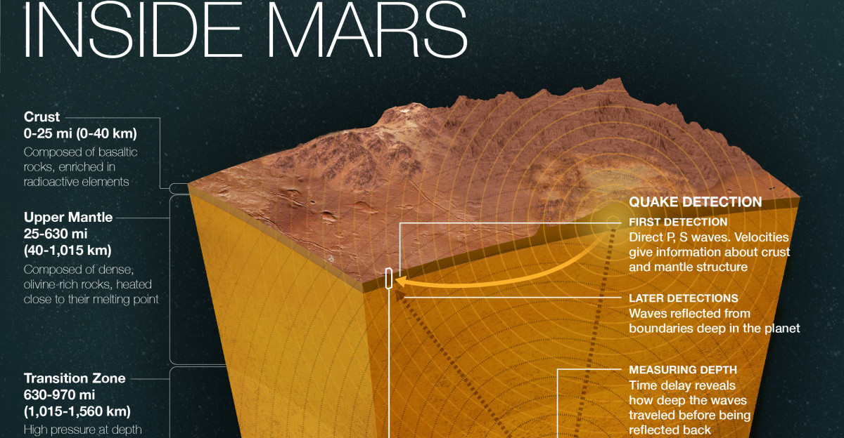 PIA25282 How InSight Studies Mars Inner Layers click here for larger version of figure A for PIA25282 Figure A click here for larger version of figure B for PIA25282 Figure B click here for larger version of figure C for PIA25282 Figure C Click on images for larger versions NASA s InSight Mars lander uses a seismometer to study the inner layers of Mars Seismic signals from quakes change as they pass through different kinds of materials seismologists can read the squiggles of a seismogram to study the properties of the planet s crust mantle and core This infographic shows those layers and how InSight uses quakes to study them It also shows a close-up of InSight and the major sources of marsquakes Most quakes are created by heat and pressure inside the planet which cause rock to fracture another source is meteors striking the surface Figure A is a horizontal version of the infographic without a title but with some annotations added Figure B is a horizontal version of the infographic with a title and detailed annotations Figure C is a vertical version of the infographic with a title and detailed annotations JPL manages InSight for NASA s Science Mission Directorate InSight is part of NASA s Discovery Program managed by the agency s Marshall Space Flight Center in Huntsville Alabama Lockheed Martin Space in Denver built the InSight spacecraft including its cruise stage and lander and supports spacecraft operations for the mission A number of European partners including France s Centre National d tudes Spatiales CNES and the German Aerospace Center DLR are supporting the InSight mission CNES provided the Seismic Experiment for Interior Structure SEIS instrument to NASA with the principal investigator at IPGP Institut de Physique du Globe de Paris Significant contributions for SEIS came from IPGP the Max Planck Institute for Solar System Research MPS in Germany the Swiss Federal Institute of Technology ETH Zurich in Switzerland Imperial College London and Oxford University in the United Kingdom and JPL DLR provided the Heat Flow and Physical Properties Package HP3 instrument with significant contributions from the Space Research Center CBK of the Polish Academy of Sciences and Astronika in Poland Spain s Centro de Astrobiolog a CAB supplied the temperature and wind sensors For more information about the mission go to