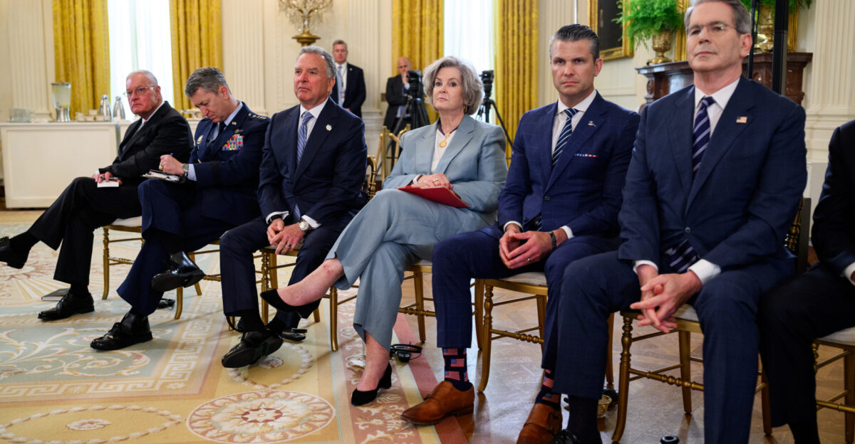 Special Envoy Keith Kellogg Chairman of the Joint Chiefs of Staff Dan Caine Special Envoy Steve Witkoff Chief of Staff Susie Wiles Secretary of Defense Pete Hegseth and Secretary of the Treasury Scott Bessent look on as President Donald Trump hosts a multilateral meeting with President Volodymyr Zelenskyy of Ukraine and European leaders Monday August 18 2025 in the East Room of the White House Official White House Photo by Daniel Torok