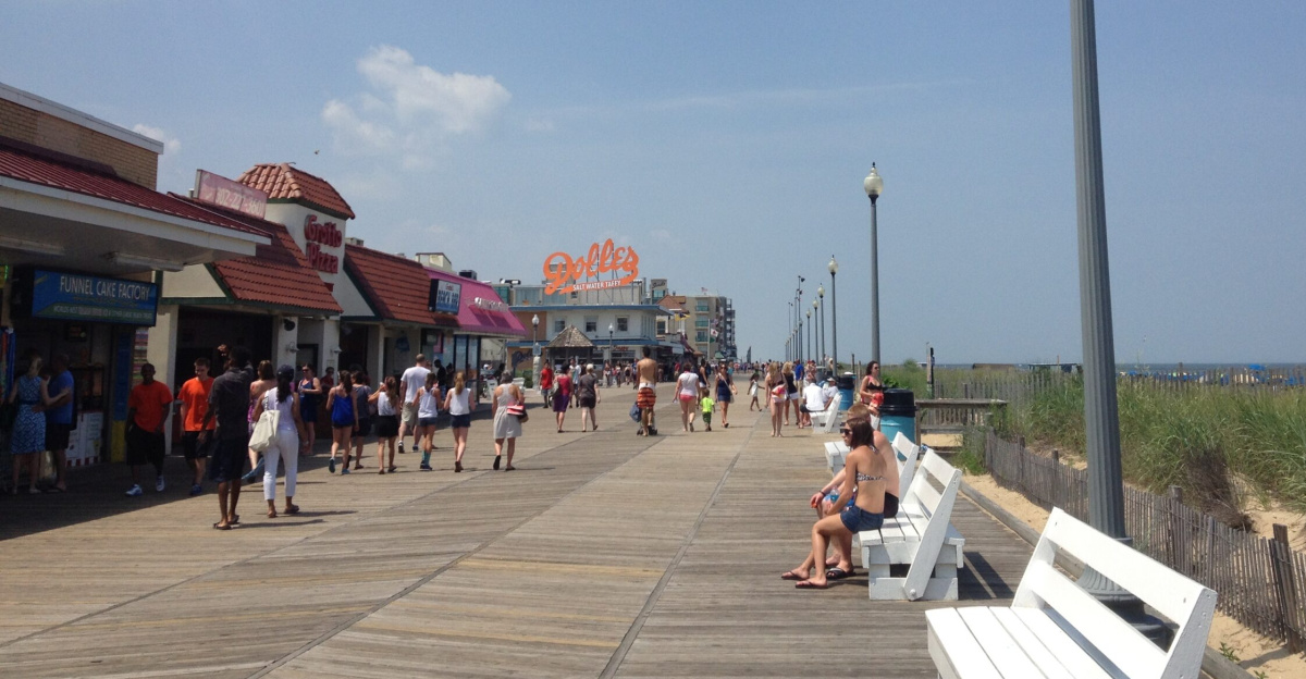 A view of the boardwalk in Rehoboth Beach, Delaware looking north toward Rehoboth Avenue