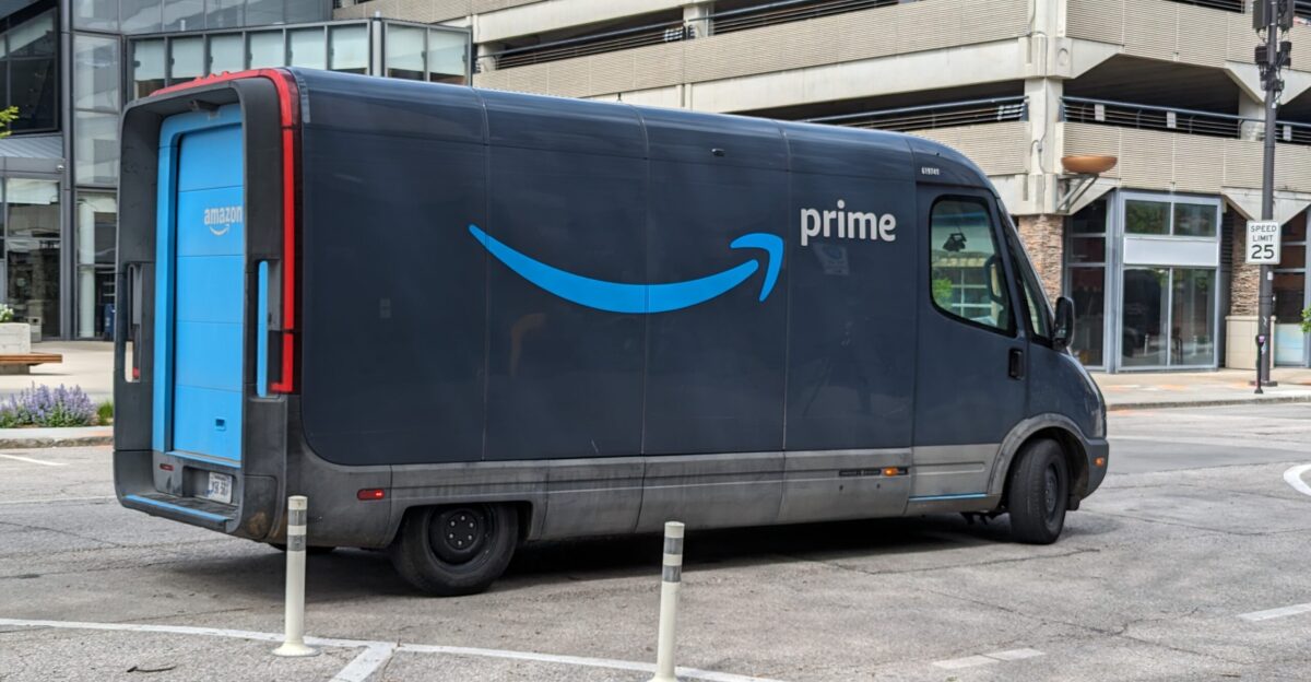 Rivian EDV-700 with Amazon branding in downtown Omaha Nebraska