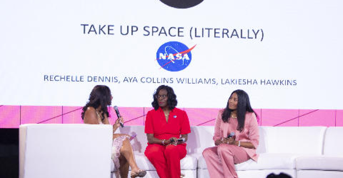 Girls United co-founder Rechelle Dennis, left, moderates a conversation with NASA Assistant Deputy Associate Administrator for the Moon to Mars Program Office Lakiesha Hawkins, center, and NASA Director of Engagement Aya Collins at the Take Up Space (Literally) panel presentation during the 30th annual ESSENCE Fest in New Orleans on July 5.
