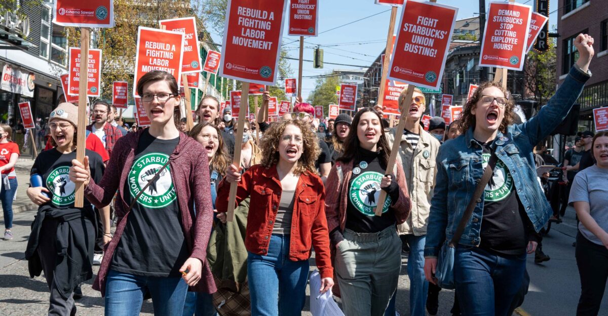 Starbucks workers rally and march Efforts to unionize support a workers union April 23 2022 Seattle Washington USA Photograph by Elliot Stoller