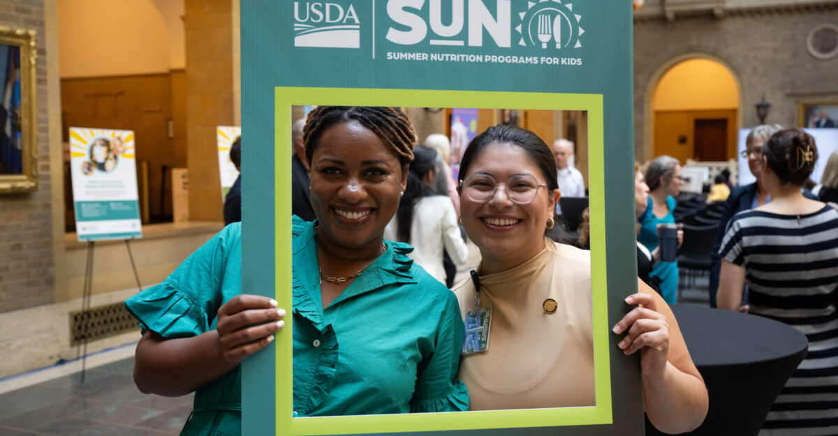 Attendees of the Summer Nutrition Programs for Kids celebration or SUN Programs mingle and enjoy a snack before the beginning of the ceremony Whitten building patio Washington D C July 31 2024 This event celebrated and recognized the many national and regional USDA Food and Nutrition Service staff members who helped to launch the SUN Programs The SUN Programs include SUN Bucks Summer EBT SUN Meals Congregate Summer Meal Service and SUN Meals To-Go Rural Non-Congregate Meal Service USDA photo by Christophe Paul