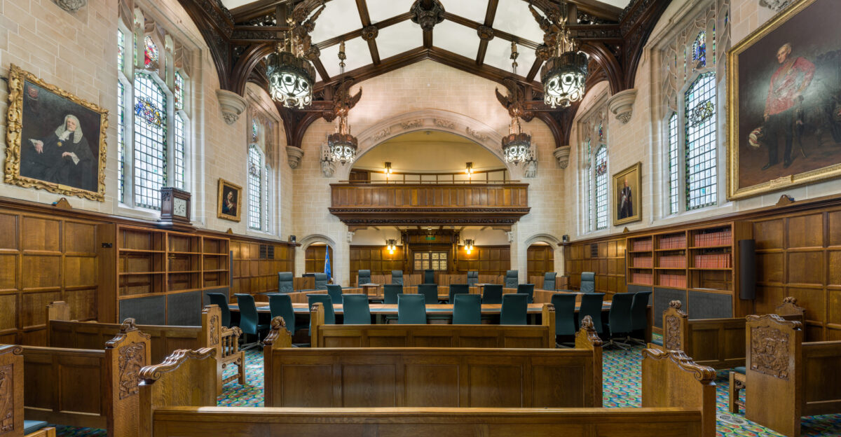The interior of Court 1 the largest of the three courtrooms of the Supreme Court of the United Kingdom in Middlesex Guildhall London England
