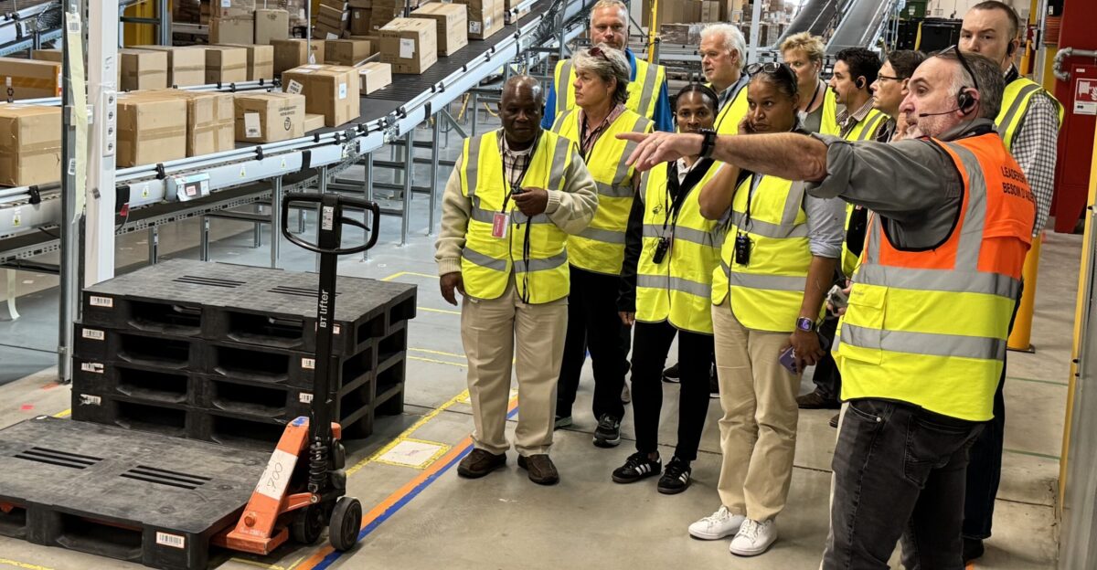 Frederic Le Pon the operations manager for outbound shipping at the Amazon Fulfillment Center in West Kaiserslautern points out a portion of the packaging and processing area at the center May 30