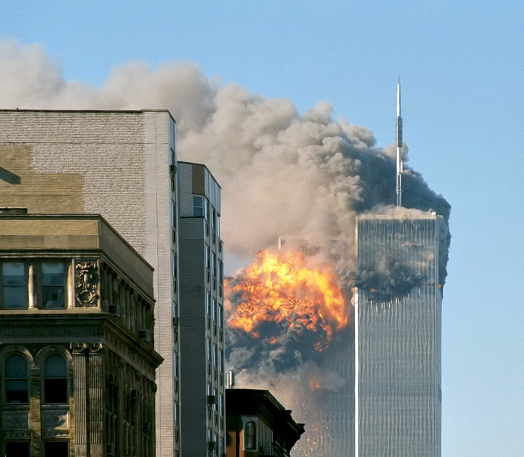 United Airlines Flight 175 crashes into the south tower of the World Trade Center complex in New York City during the September 11 attacks