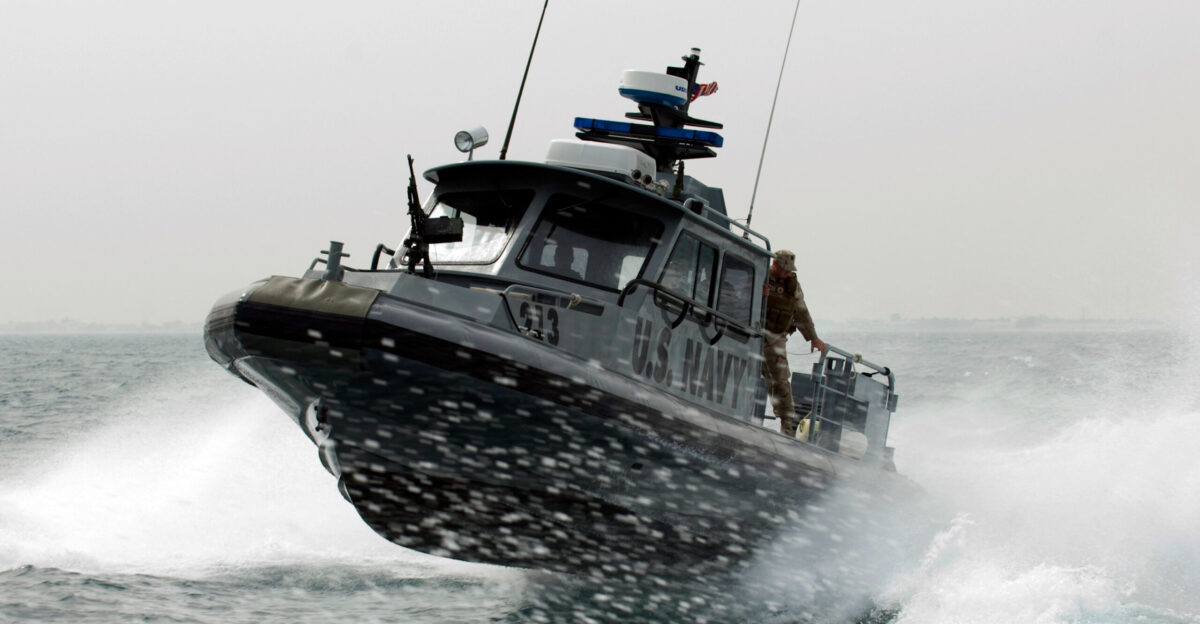 KUWAIT NAVAL BASE Feb 10 2009 A port security boat assigned to Maritime Expeditionary Squadron MSRON 1 patrols the waters near Kuwait Naval Base MSRON-1 is deployed supporting maritime security operations and port security operations in the U S 5th Fleet area of responsibility