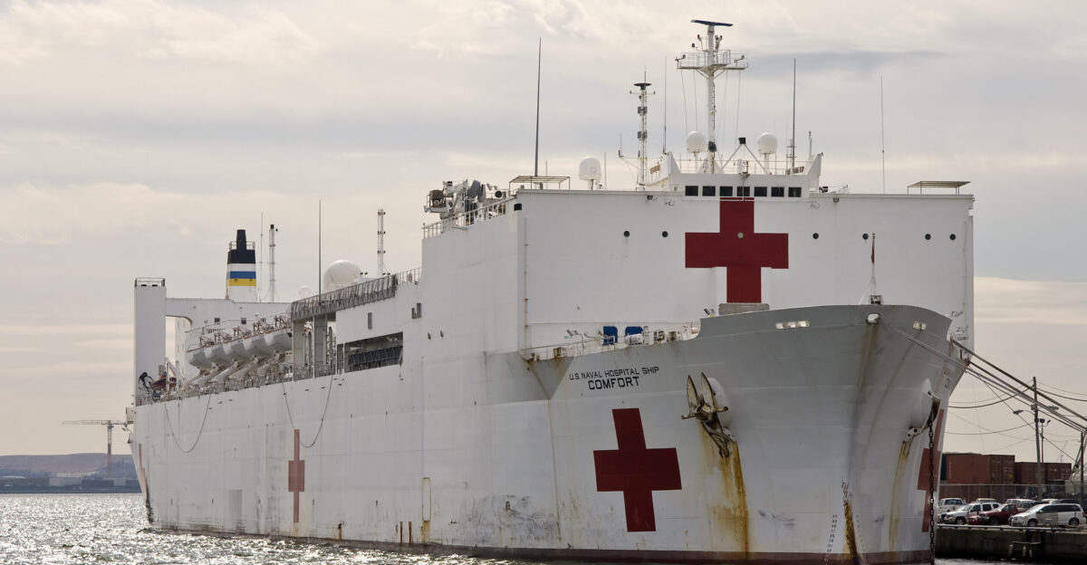 Hospital ship USNS Comfort at Pier 12 Baltimore Maryland USA