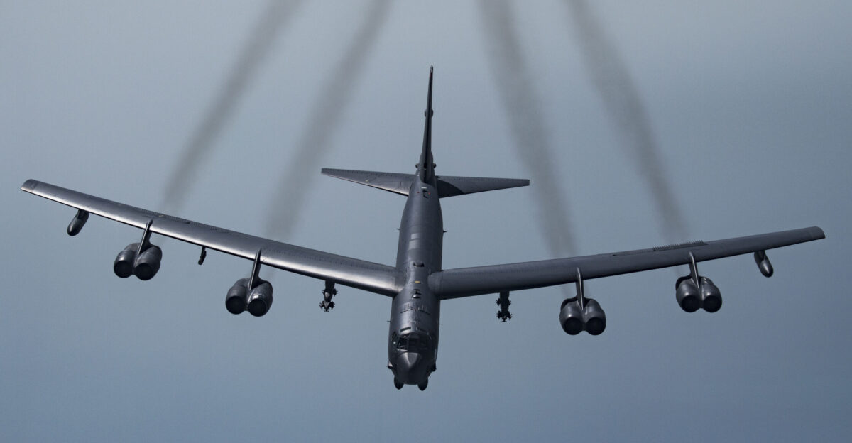 A U S B-52H Stratofortress prepares to join with Qatar Emiri Air Force Mirage 2000s and U S F-35A Lightning IIs to fly in formation over Southwest Asia May 21 2019 This flight was conducted to continue building military-to-military relationships with the QEAF The B-52H is part of the Bomber Task Force deployed to the U S Central Command area of responsibility to defend U S forces and interests in the region U S Air Force photo by Senior Airman Keifer Bowes