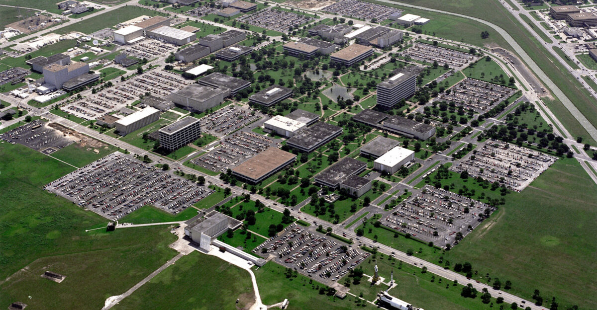 An aerial view of the complete Johnson Space Center facility in Houston Texas A portion of Clear Lake can be seen at the top of the view