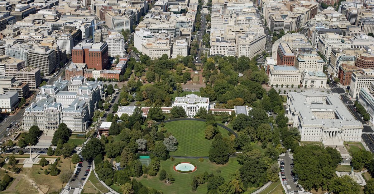 Aerial view of the White House Old Executive Office and Washington D C business district