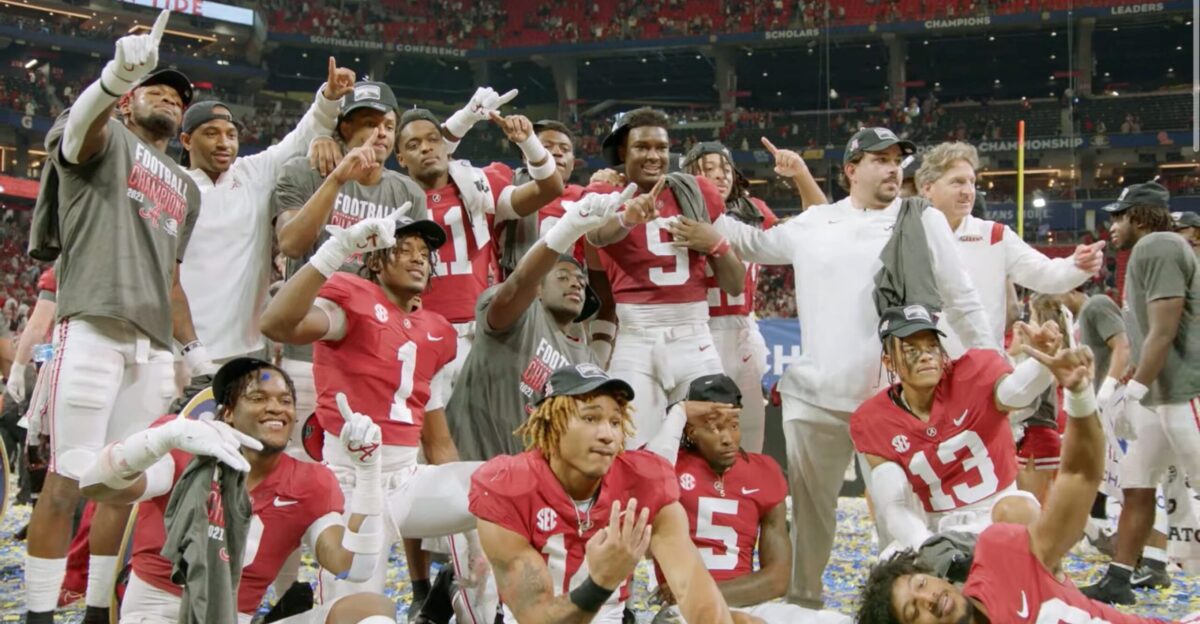 The Alabama Crimson Tide celebrating their win in the 2021 SEC Championship