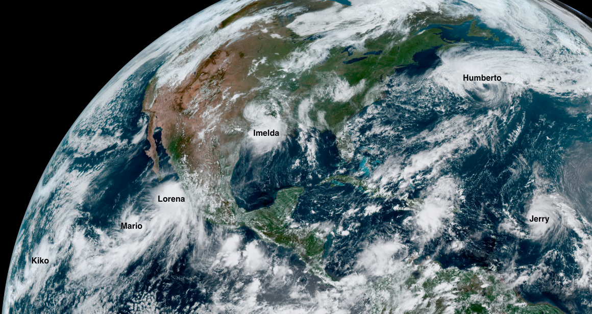 From left to right Tropical Storm Kiko Tropical Storm Mario Tropical Storm Lorena Tropical Depression Imelda Hurricane Humberto Hurricane Jerry