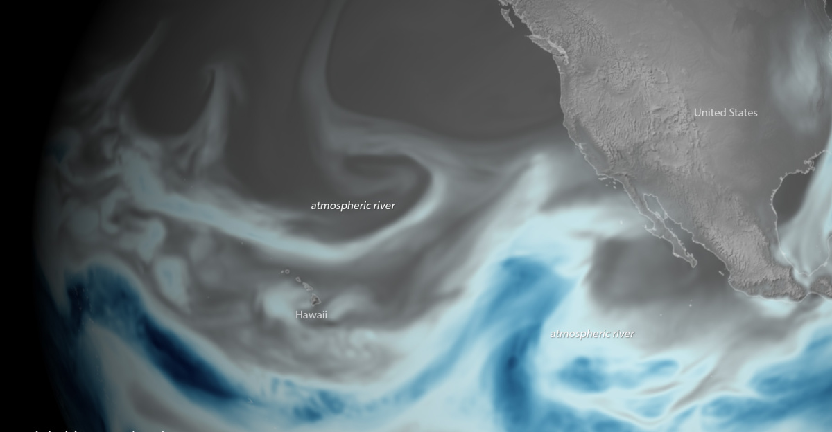 Created with data from the Global Forecast System (GFS) model, this data visualization shows atmospheric moisture over the central Pacific Ocean on January 3. Satellites can detect this moisture and the data can then be used to calculate what's known as the "total precipitable water" content of the atmosphere. The total precipitable water content is the amount of water that could potentially precipitate if the conditions were ideal. Visible in this data imagery are the bands of moisture that encircle the equator, along with so-called " atmospheric rivers " that transport moisture from these areas to higher latitudes. Note the larger of the two atmospheric rivers in this graphic is responsible for the heavy precipitation occurring in parts of the West this week. This graphic was created with data from the Global Forecast System mathematical model, which is used by the National Weather Service to produce forecasts up to 16 days in advance. The GFS is produced by NOAA's National Centers for Environmental Prediction. It contains dozens of atmospheric and land-soil variables ranging from temperatures, winds, and precipitation to soil moisture and atmospheric ozone concentration.