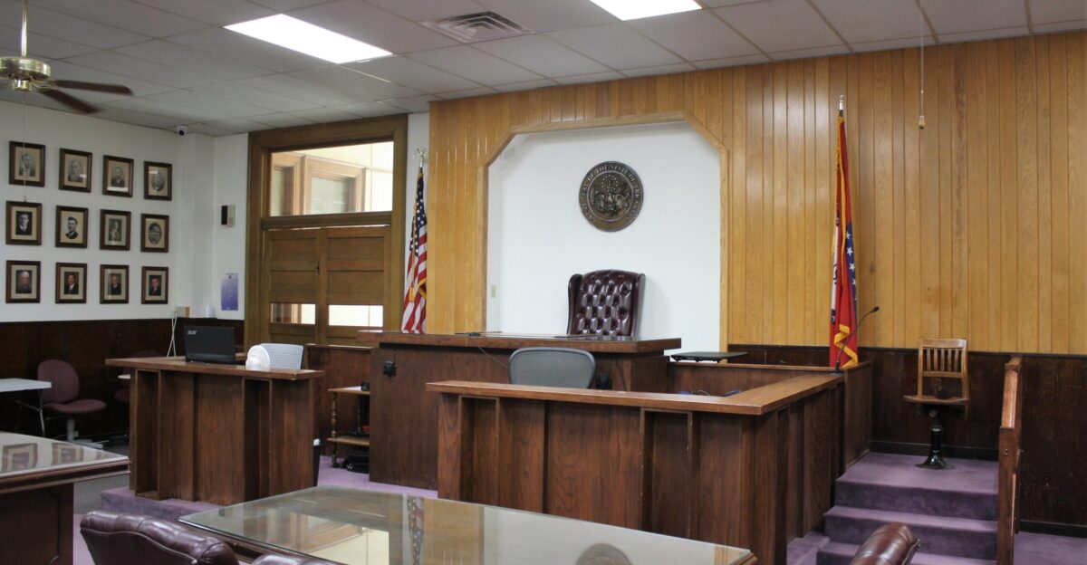 The front of the courtroom in the Boone County Courthouse in Harrison Arkansas