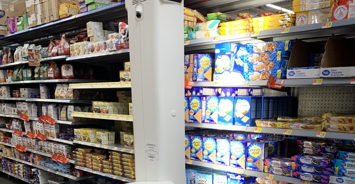 A Bossa Nova Robotics inventory robot scanning a shelf at a Walmart in Auburn WA