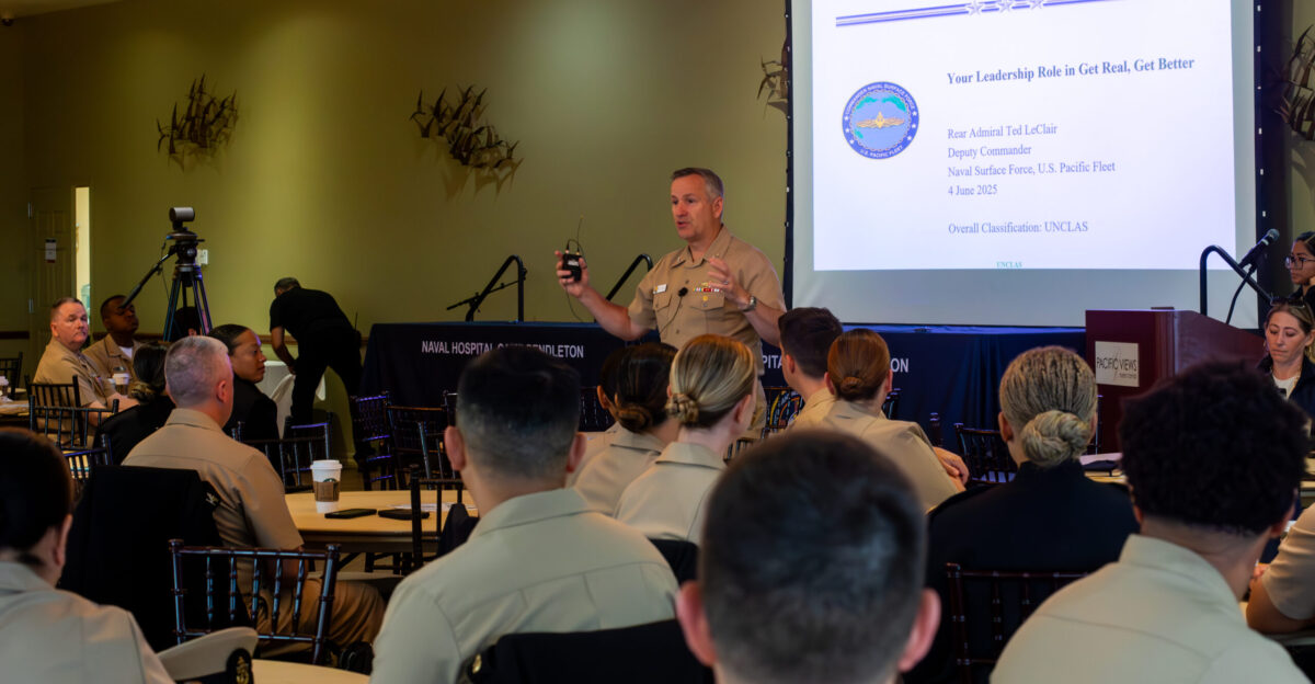 Rear Adm Ted LeClair deputy commander Naval Surface Forces U S Pacific Fleet speaks at the Camp Pendleton Get Real Get Better GRGB Leadership Symposium for Navy Medicine Personnel June 4 2025 The symposium theme Leading Change Enhancing Trust focuses how Navy Medicine leaders at every level can drive cultural transformation through intentional leadership behaviors alignment with GRGB principles and the continued development of our people as the foundation of readiness U S Navy photo by Mass Communication Specialist 1st Class Kyle Carlstrom