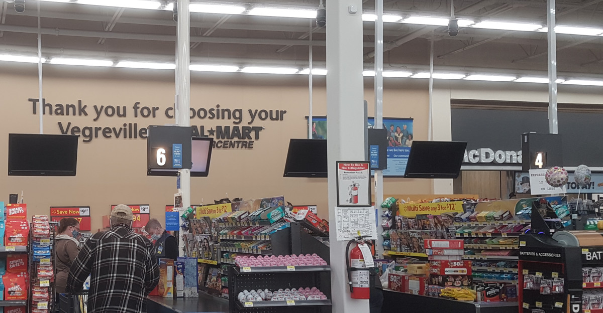 The checkouts at a Walmart store in Vegreville Alberta Canada in 2021