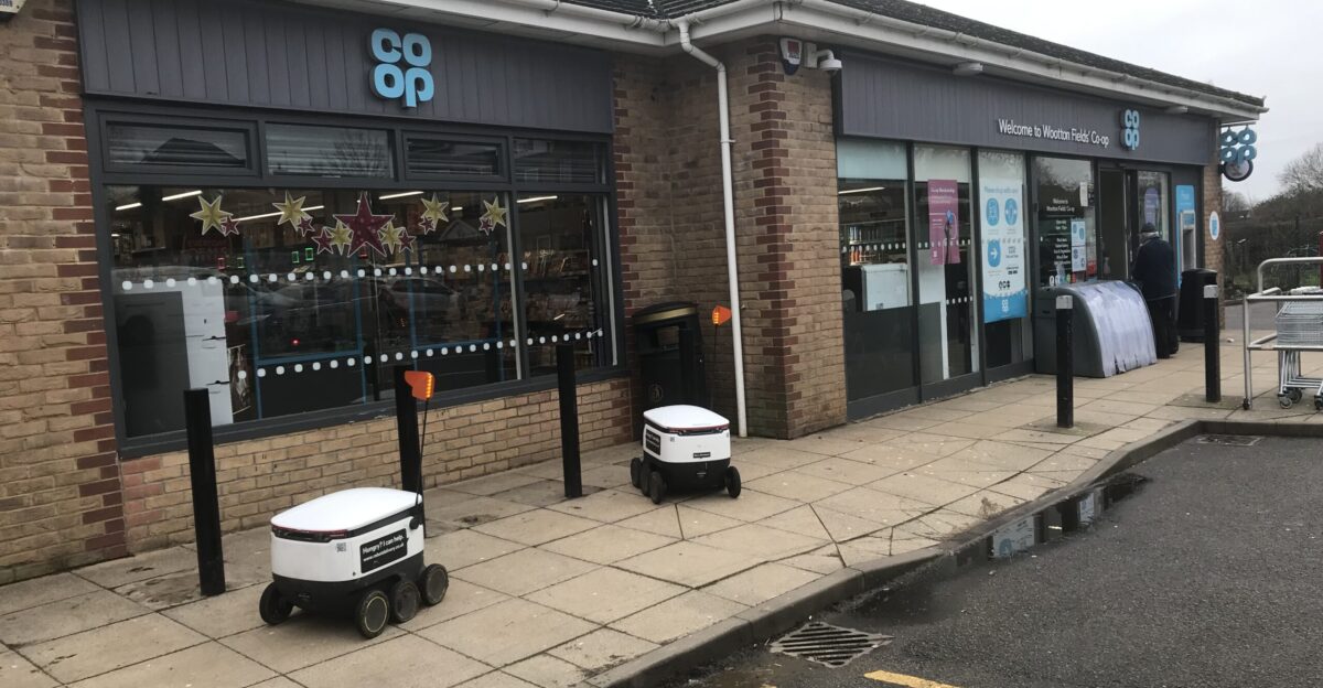 Co-operative Group deliver robots outside Wootton Fields Co-op Northampton