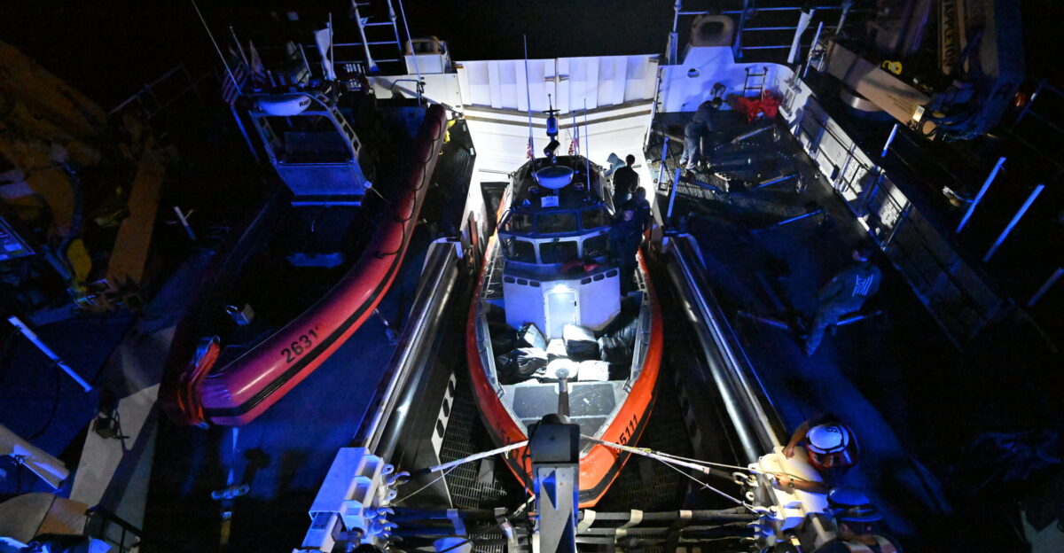 The U S Coast Guard Cutter Kimball s WMSL 756 crew recovers the cutter s 26-foot over-the-horizon small boat carrying 1 708 kilograms of cocaine seized by the crew while patrolling the Eastern Pacific Ocean March 4 2025 The U S Coast Guard its increasing presence in key areas to secure the U S maritime border against the flow of cocaine fentanyl and other illegal drugs U S Coast Guard photo by Petty Officer 3rd Class Austin Wiley