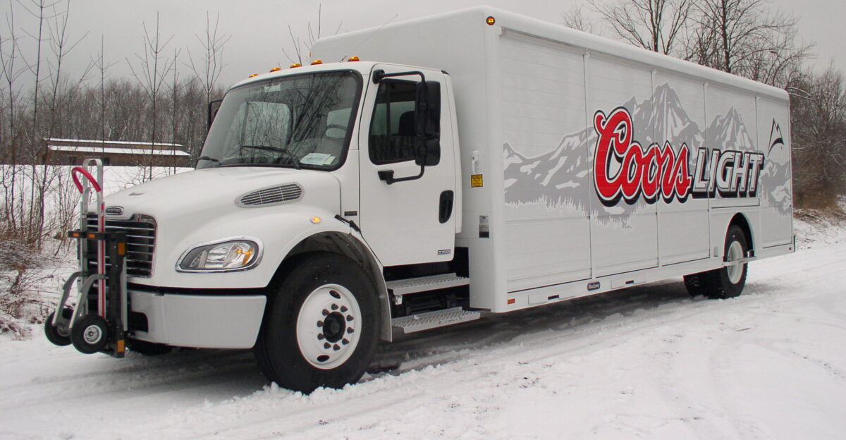 Coors Light beverage truck equipped with a Hand Truck Sentry System HTS Ultra-Rack Hackney Beverage Body on Freightliner M2 chassis