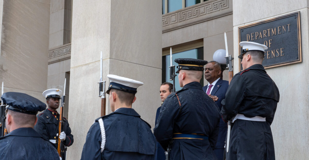 Secretary of Defense Lloyd J Austin III and French Defense Minister Sebastien Lecornu stand for the playing of the U S and French national anthems during a bilateral exchange at the Pentagon Washington D C Nov 30 2022 DoD photo by U S Air Force Tech Sgt Jack Sanders