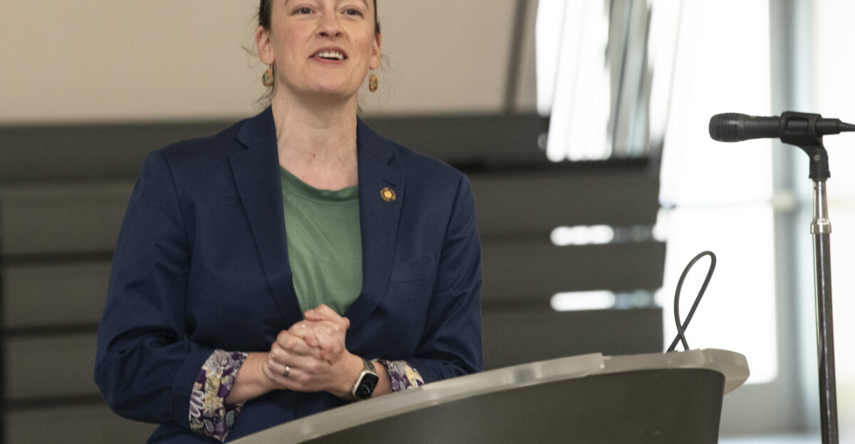 Oregon State Representative of House District-28 Dacia Grayber talks with a group of Oregon Air National Guard Noncommissioned Officers taking part in professional Development on April 11 2024 at Camp Withycombe Happy Valley Oregon National Guard photo by John Hughel Oregon Military Department Public Affairs