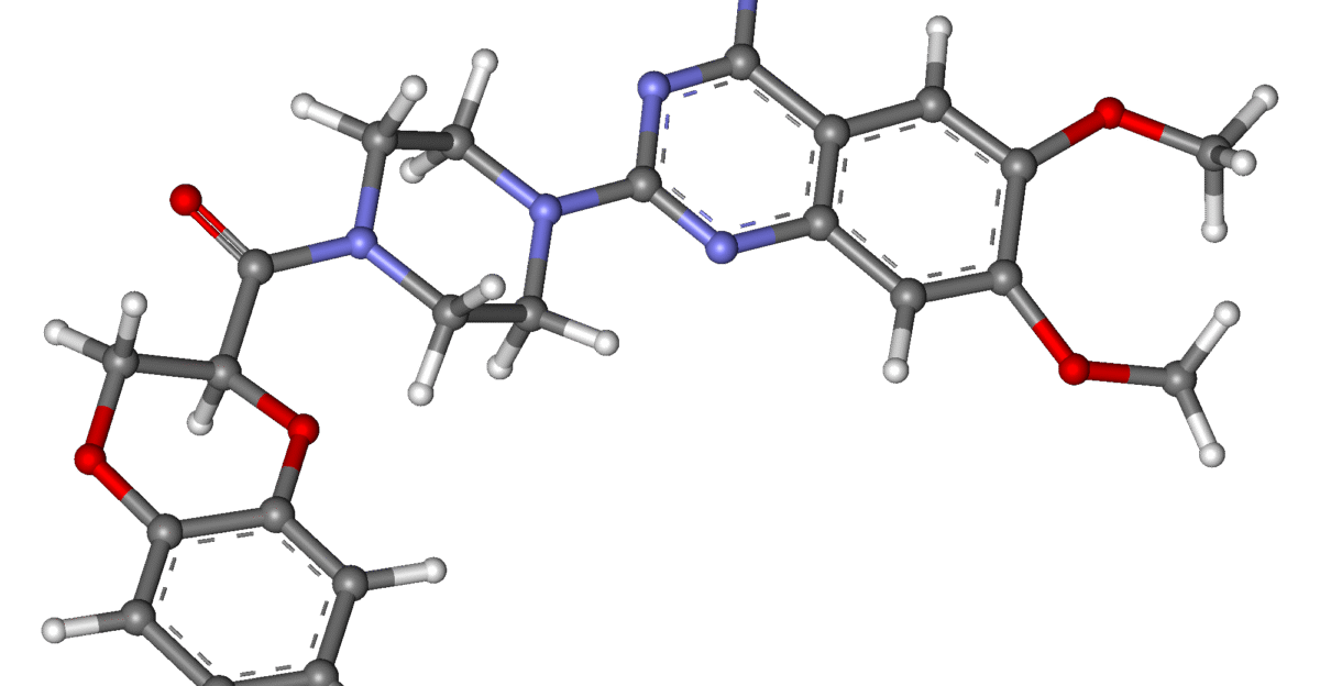 Ball-and-stick model of doxazosin molecule The structure is taken from ChemSpider ID 3045