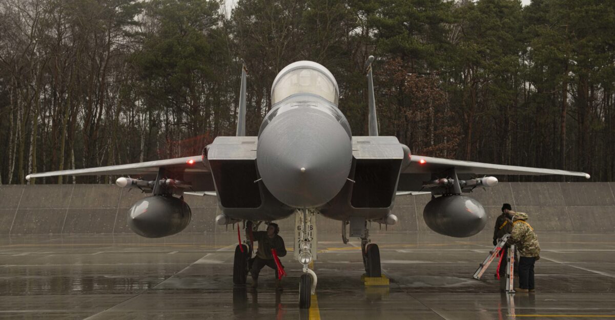 An F-15C Eagle assigned to the 493rd Fighter Squadron sits ready to perform NATO enhanced Air Policing at Lask Air Base Poland Feb 11 2022 During Enhanced Air Policing jets and aircrew are ready to respond to any airborne threat at a moment s notice ensuring the mutual protection of the U S and Allied interests U S Air Force photo by Tech Sgt Jacob Albers