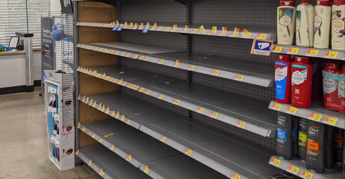 The hand sanitizer section of a Walmart in Santa Fe New Mexico when the initial panic buying of hand sanitizer started during the early parts of the COVID-19 pandemic