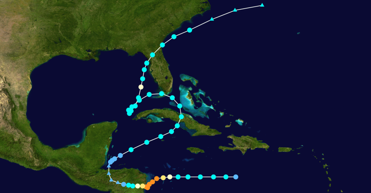 Track map of Hurricane Eta of the 2020 Atlantic hurricane season The points show the location of the storm at 6-hour intervals The colour represents the storm s maximum sustained wind speeds as classified in the see below and the shape of the data points represent the nature of the storm according to the legend below Saffir-Simpson scale mw-parser-output div-col margin-top 3em column-width 30em mw-parser-output div-col-small font-size 90 mw-parser-output div-col-rules column-rule thin solid var -border-color-base mw-parser-output div-col dl mw-parser-output div-col ol mw-parser-output div-col ul margin-top 0 mw-parser-output div-col li mw-parser-output div-col dd page-break-inside avoid break-inside avoid-column Tropical depression 38 mph 62 km h Tropical storm 39-73 mph 63-118 km h Category 1 74-95 mph 119-153 km h Category 2 96-110 mph 154-177 km h Category 3 111-129 mph 178-208 km h Category 4 130-156 mph 209-251 km h Category 5 157 mph 252 km h Unknown Storm type Tropical cyclone Subtropical cyclone Extratropical cyclone Remnant low Tropical disturbance Monsoon depression