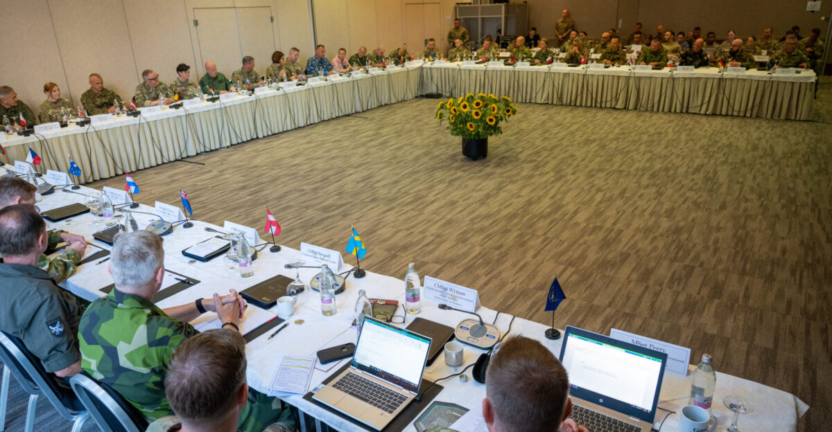 Attendees of the 2023 European Senior Enlisted Leader Summit conduct group discussions at Ljubljana Slovenia Sept 5 2023 Topics of discussion included enlisted force development Military Personnel Exchange Program professional military education and more U S Air Force photo by Tech Sgt Steven M Adkins