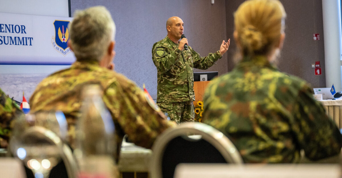Slovenian Armed Forces Brigadier Milan urman Advisor to the Chief of the Generl Staff gives empowering remarks to the attendees of the 2023 European Senior Enlisted Leader Summit at Ljubljana Slovenia Sept 5 2023 ESELS is a biennial event that allows Allied and Partner senior enlisted leaders the opportunity to ship build relationships partnerships friendships U S Air Force photo by Tech Sgt Steven M Adkins