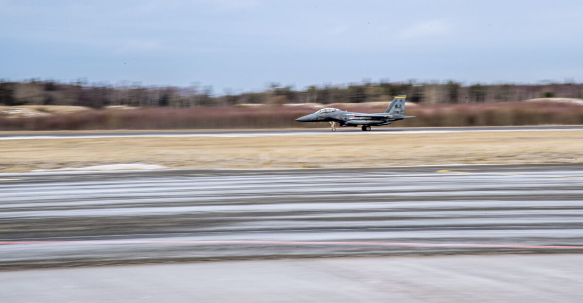 An F-15E Strike Eagle assigned to the 4th Fighter Wing from Seymour Johnson Air Force Base in N C lands at mari Air Base Estonia Jan 26 2022 The F-15E Strike Eagles along with Belgian F-16s are deployed to mari Air Base in support of a NATO enhanced Air Policing mission The Belgian Estonian and U S Air Forces are conducting flying operations together to protect and defend allied airspace This deployment is focused on enhancing the deterrence air posture in the Baltic region U S Air Force photo by Staff Sgt Megan Beatty