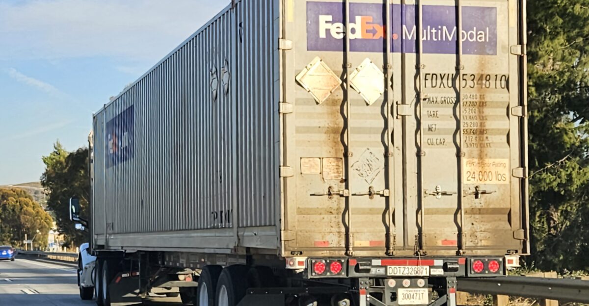 FedEx Multimodal Container on a semi trailer on California State Route 60 Monterey Park CA