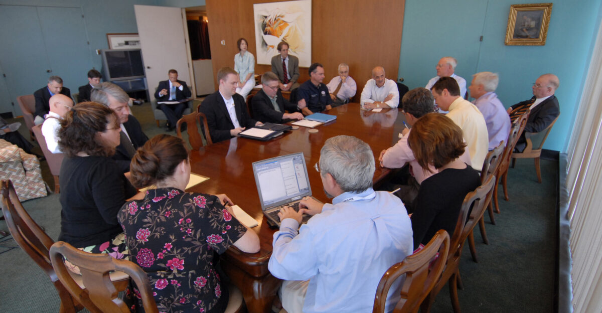 New Orleans LA 05-30-06 - Secretary for the US Department of Homeland Security Michael Chertoff with FEMA Director R David Paulison and FEMA Deputy Director of Gulf Coast Recovery Gil Jamieson visit the Times Picayune Editorial Board and talk about Emergency Preparedness and Personal Evacuation Plans The men were visiting the Gulf Coast to raise the public awareness of Hurricane Season Marvin Nauman FEMA photo