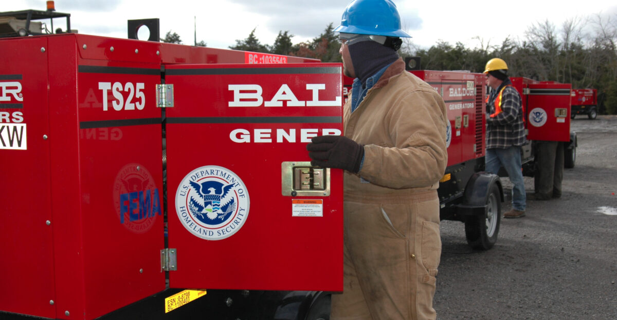McAlester OK January 21 2007 - FEMA contractors maintain generators at a staging area on the McAlester Army Ammunition Plant after a January 12 ice storm caused power outages throughout much of the state The generators are being used to keep water treatment plants on line and hospitals and emergency shelters in operation Photo by Anita Westervelt FEMA News Photo