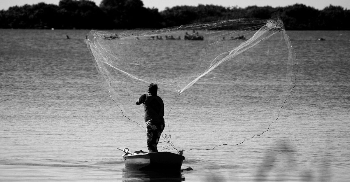 man fisherman fishery boat sea network livelihood monochrome nature black and white grey gray water fishing fishing net