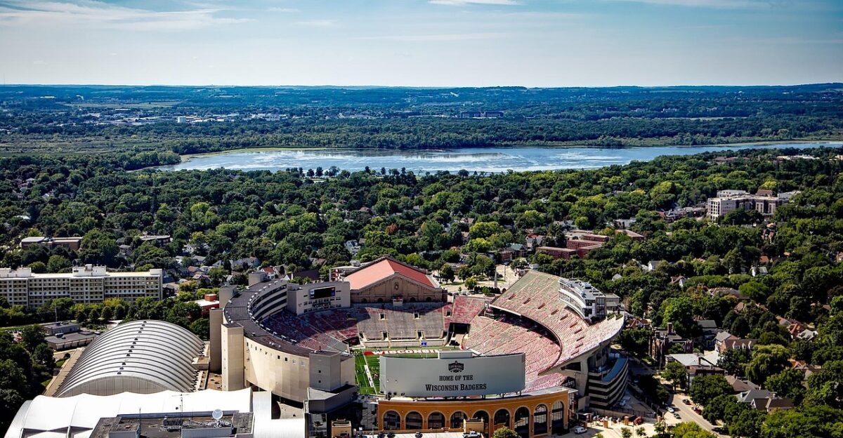 madison wisconsin university of wisconsin camp randall stadium sports buildings structure lake landscape aerial view american football wisconsin badgers nature athletics architecture campus hdr