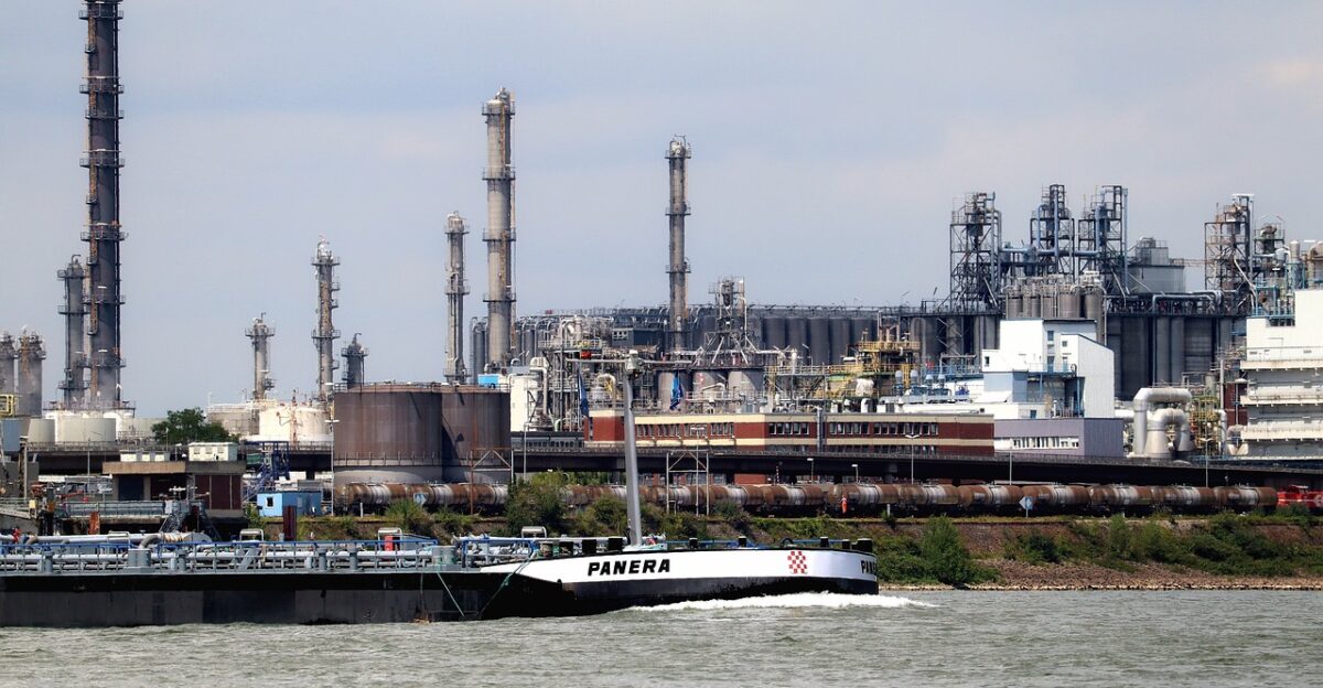 rhine industry refinery tanks towers ship tanker oil flow refinery refinery refinery refinery refinery