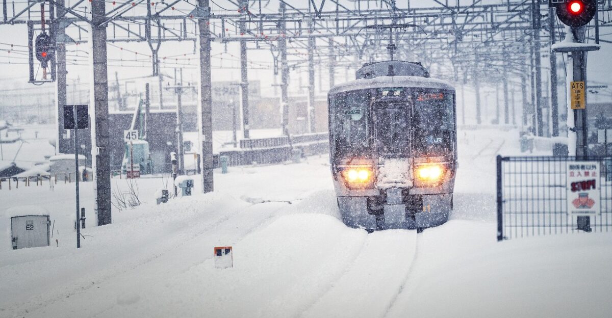 train snowstorm snow winter northern lake biwa nature japan