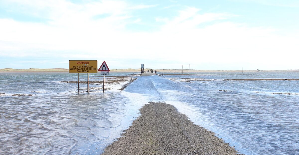 roadblock hurdle obstacle mistake detour danger safety dangerous nature hazard failure notice sign careful traffic road precaution advice information stop trapped tide sea submerged underwater transportation street caution beware forbidden warning