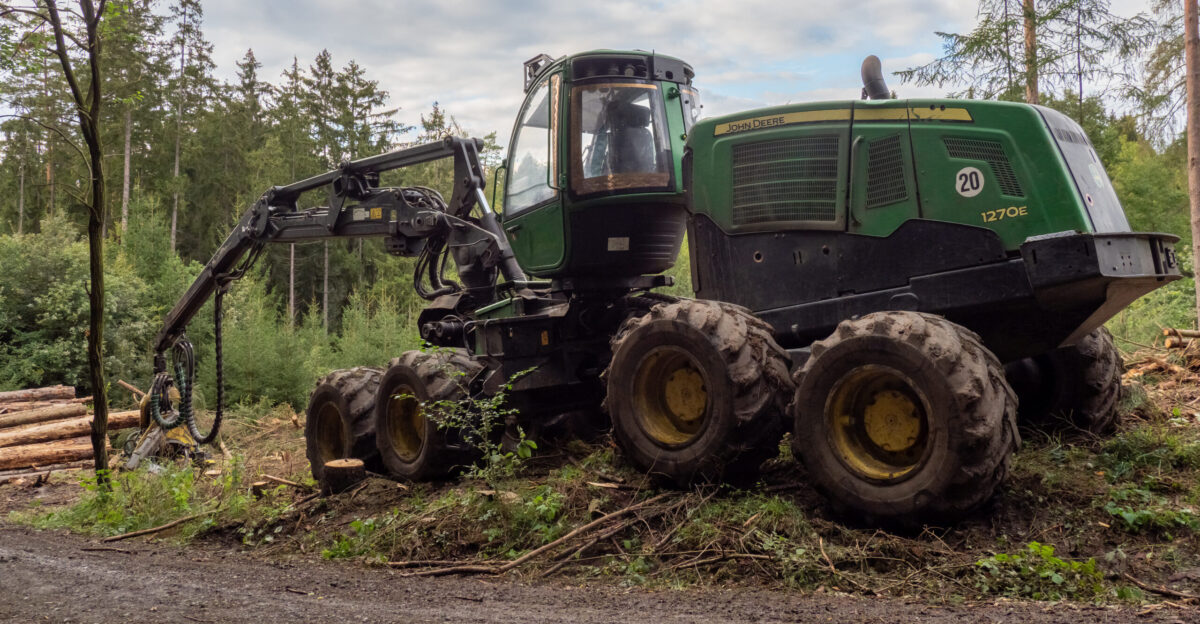 Harvester forestry John Deere 1270E in a forest near Kulmbach
