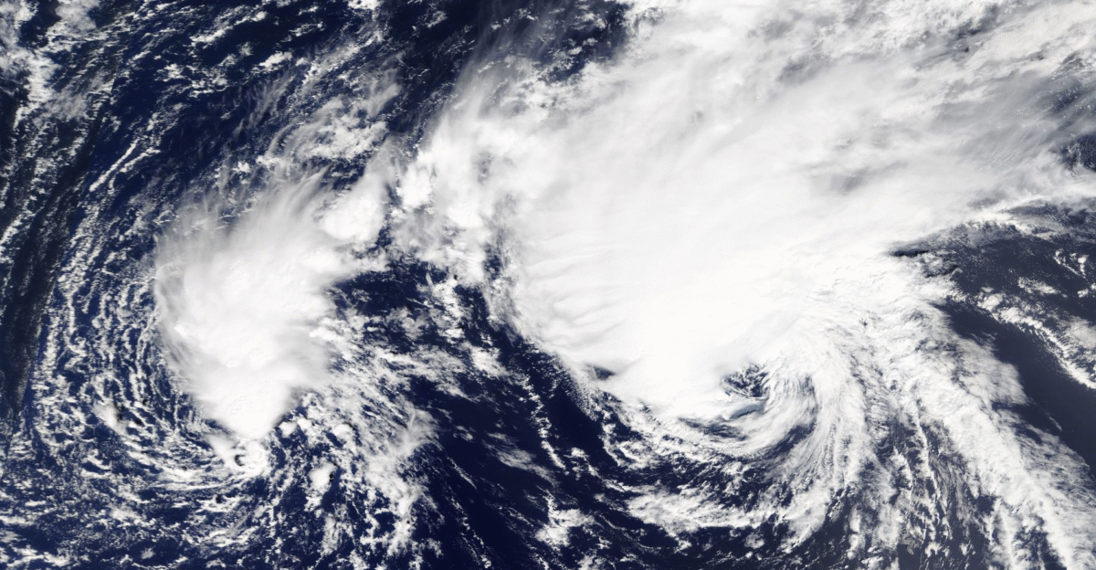 Tropical Storms Joyce Left and Helene Right undergoing a Fujiwhara interaction over the northeastern Atlantic on September 14 Note that the smaller Tropical Storm Joyce is rounding the southern periphery of Helene counterclockwise see the talk for doubt about this interpretation